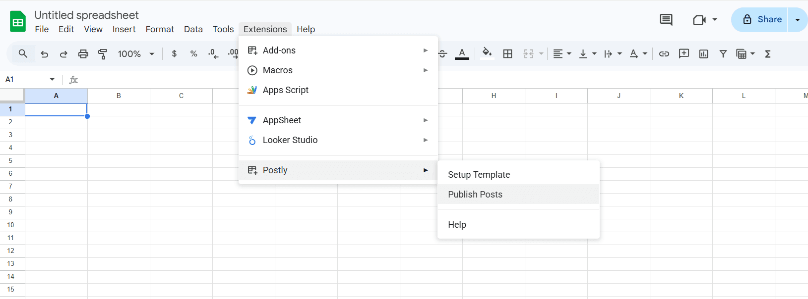 Postly menu inside Google Sheets showing Setup Template, Publish Posts, Help