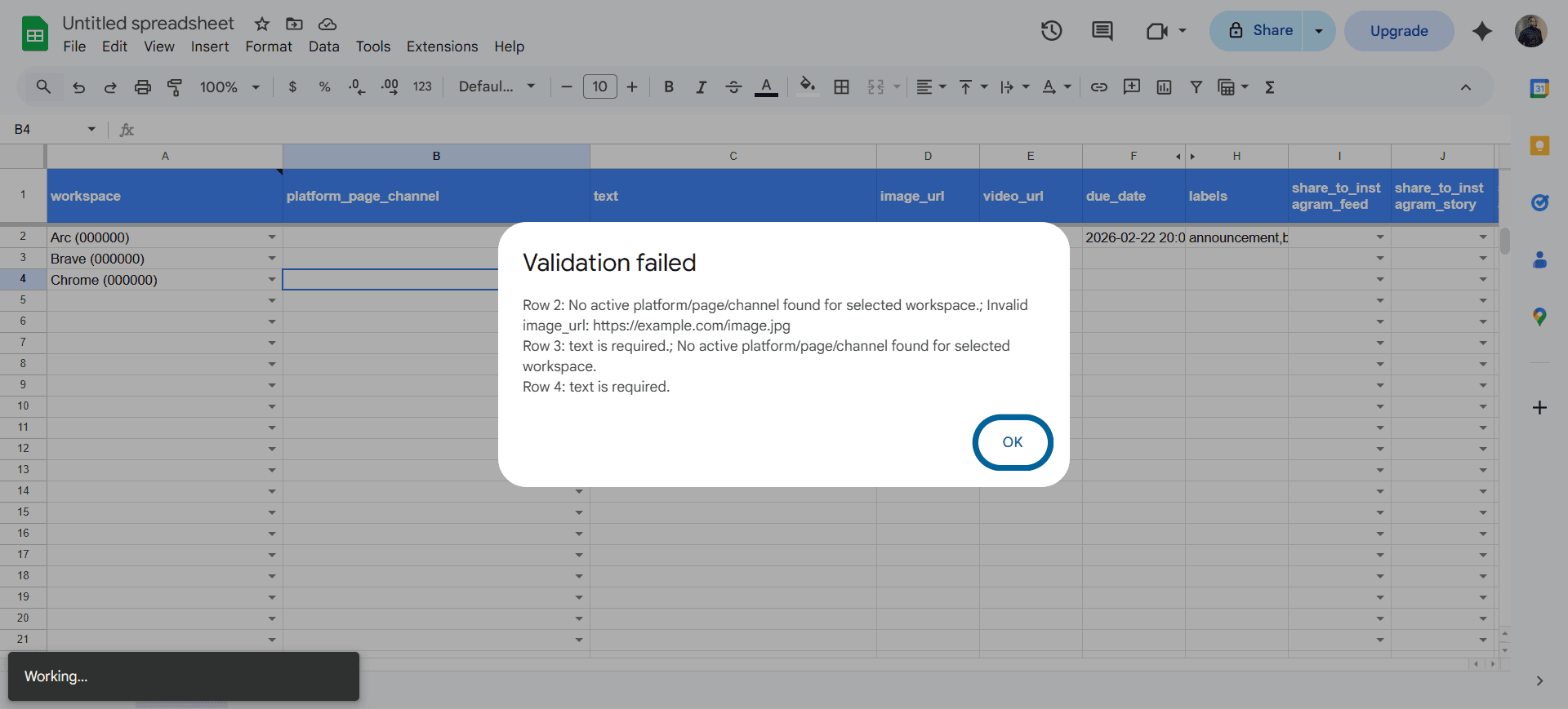 Validation feedback in Google Sheets while publishing posts