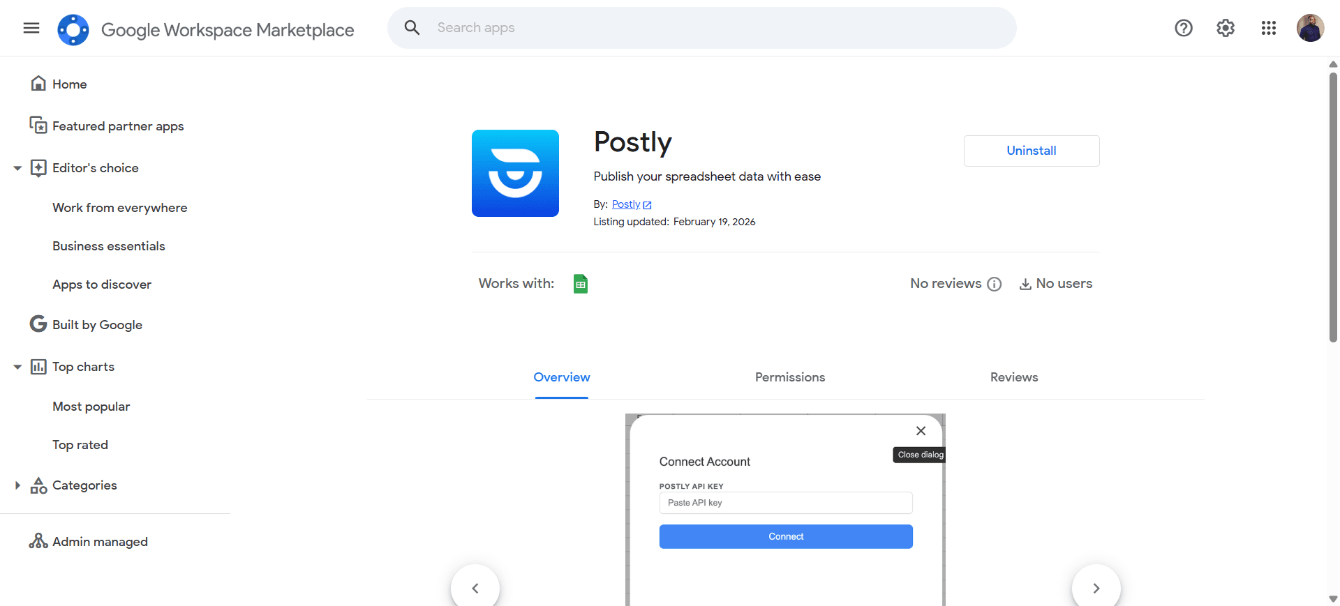 Google Workspace Marketplace listing for Postly add-on